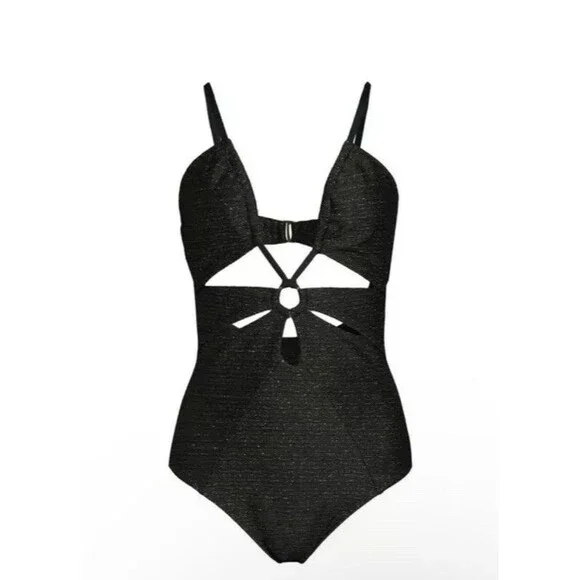 Time And Tru Women’s One Piece Swimsuit Cut Out Black/Gold 	 NWT Size L 12-14 - Picture 2 of 10